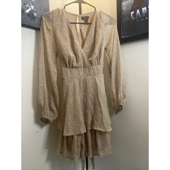 Japna Metalic Gold Long Sleeve Boho Dress Womens Small Tiered Flowy Evening - Picture 4 of 11